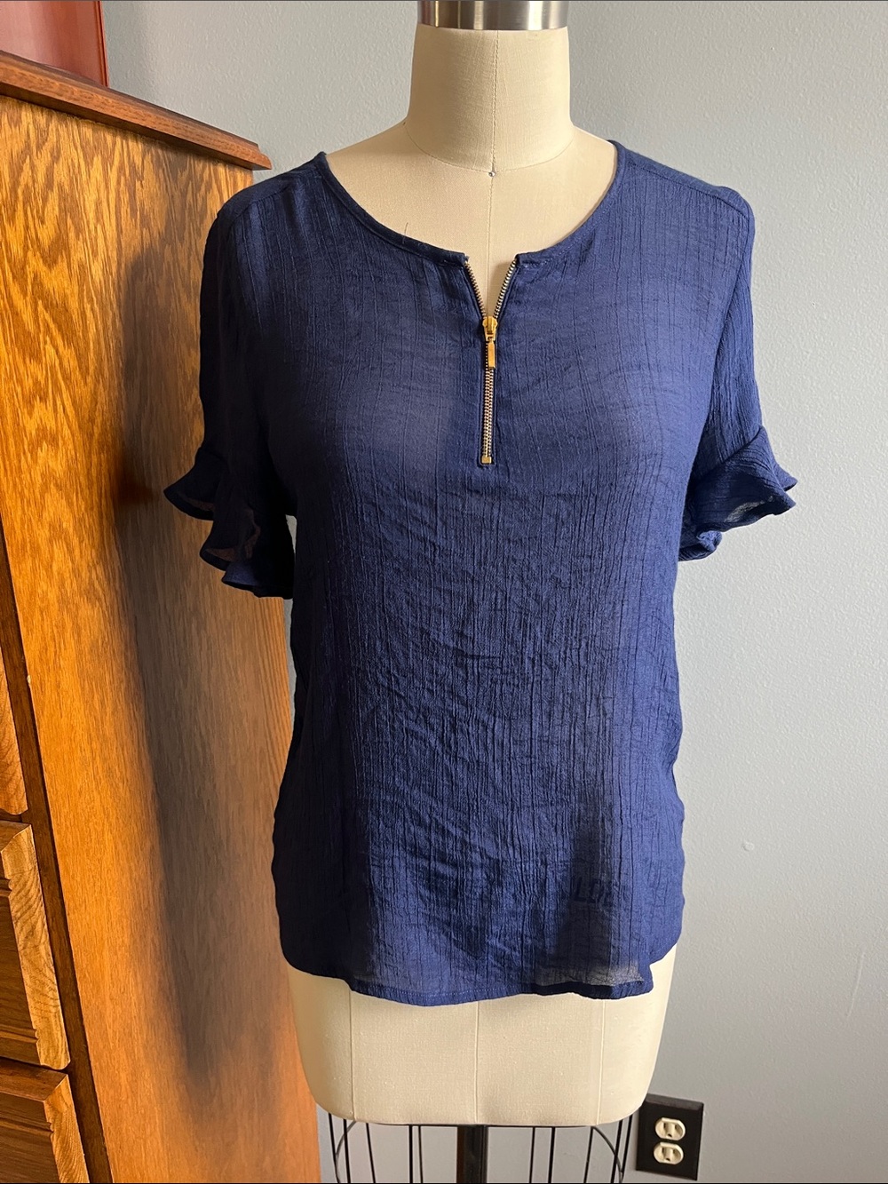 Harve Benard Navy Short-Sleeve Zip Ruffle Blouse